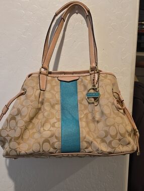 Coach Tan Signature Canvas Tote with Teal Center Stripe